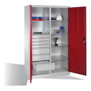 Armoire à outils C+P avec portes battantes, 6 tablettes, 8 tiroirs, H1950xL1200xP500mm, gris clair/rouge rubis