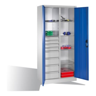 Armoire à outils C+P avec portes battantes, 6 tablettes, 8 tiroirs, H1950xL930xP500mm Façade bleu clair Corps gris clair