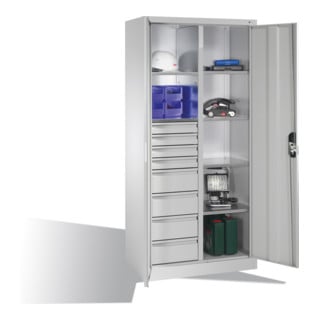 Armoire à outils C+P avec portes battantes, 6 tablettes, 8 tiroirs, H1950xL930xP500mm Façade gris clair Corps gris clair