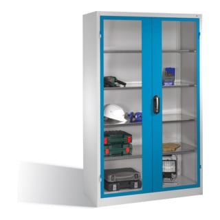 Armoire à outils C+P avec portes battantes à fenêtre transparente, 4 tablettes intérieures, H1950xL1200xP500mm Façade bleu clair Corps gris clair