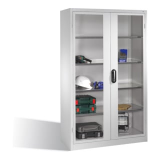 Armoire à outils C+P avec portes battantes à fenêtre transparente, 4 tablettes intérieures, H1950xL1200xP500mm Façade gris clair Corps gris clair