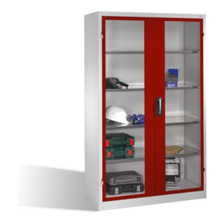 Armoire à outils C+P avec portes battantes à fenêtre transparente, 4 tablettes intérieures, H1950xL1200xP500mm Façade rouge rubis Corps gris clair
