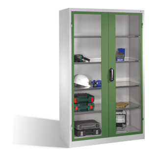 Armoire à outils C+P avec portes battantes à fenêtre transparente, 4 tablettes intérieures, H1950xL1200xP500mm Façade vert réséda Corps gris clair