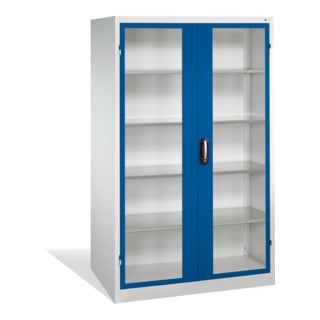 Armoire à outils C+P avec portes battantes à fenêtre transparente, 4 tablettes intérieures, H1950xL1200xP600mm Façade bleu gentiane Corps gris clair