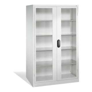 Armoire à outils C+P avec portes battantes à fenêtre transparente, 4 tablettes intérieures, H1950xL1200xP600mm Façade gris clair Corps gris clair