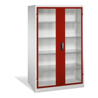 Armoire à outils C+P avec portes battantes à fenêtre transparente, 4 tablettes intérieures, H1950xL1200xP600mm Façade rouge rubis Corps gris clair