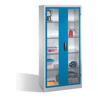 Armoire à outils C+P avec portes battantes à fenêtre transparente, 4 tablettes intérieures, H1950xL930xP500mm Façade bleu clair Corps gris clair