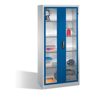 Armoire à outils C+P avec portes battantes à fenêtre transparente, 4 tablettes intérieures, H1950xL930xP500mm Façade bleu gentiane Corps gris clair