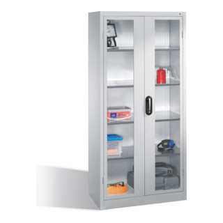 Armoire à outils C+P avec portes battantes à fenêtre transparente, 4 tablettes intérieures, H1950xL930xP500mm Façade gris clair Corps gris clair