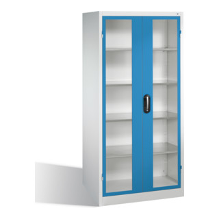 Armoire à outils C+P avec portes battantes à fenêtre transparente, 4 tablettes intérieures, H1950xL930xP600mm Façade bleu clair Corps gris clair
