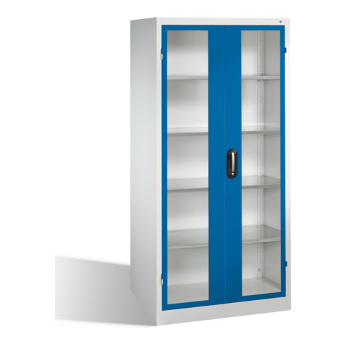 Armoire à outils C+P avec portes battantes à fenêtre transparente, 4 tablettes intérieures, H1950xL930xP600mm Façade bleu gentiane Corps gris clair