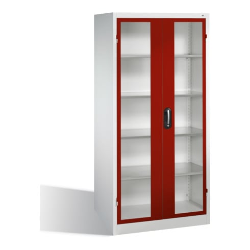 Armoire à outils C+P avec portes battantes à fenêtre transparente, 4 tablettes intérieures, H1950xL930xP600mm Façade rouge rubis Corps gris clair