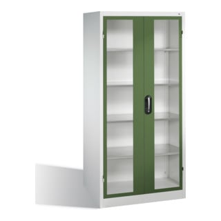 Armoire à outils C+P avec portes battantes à fenêtre transparente, 4 tablettes intérieures, H1950xL930xP600mm Façade vert réséda Corps gris clair