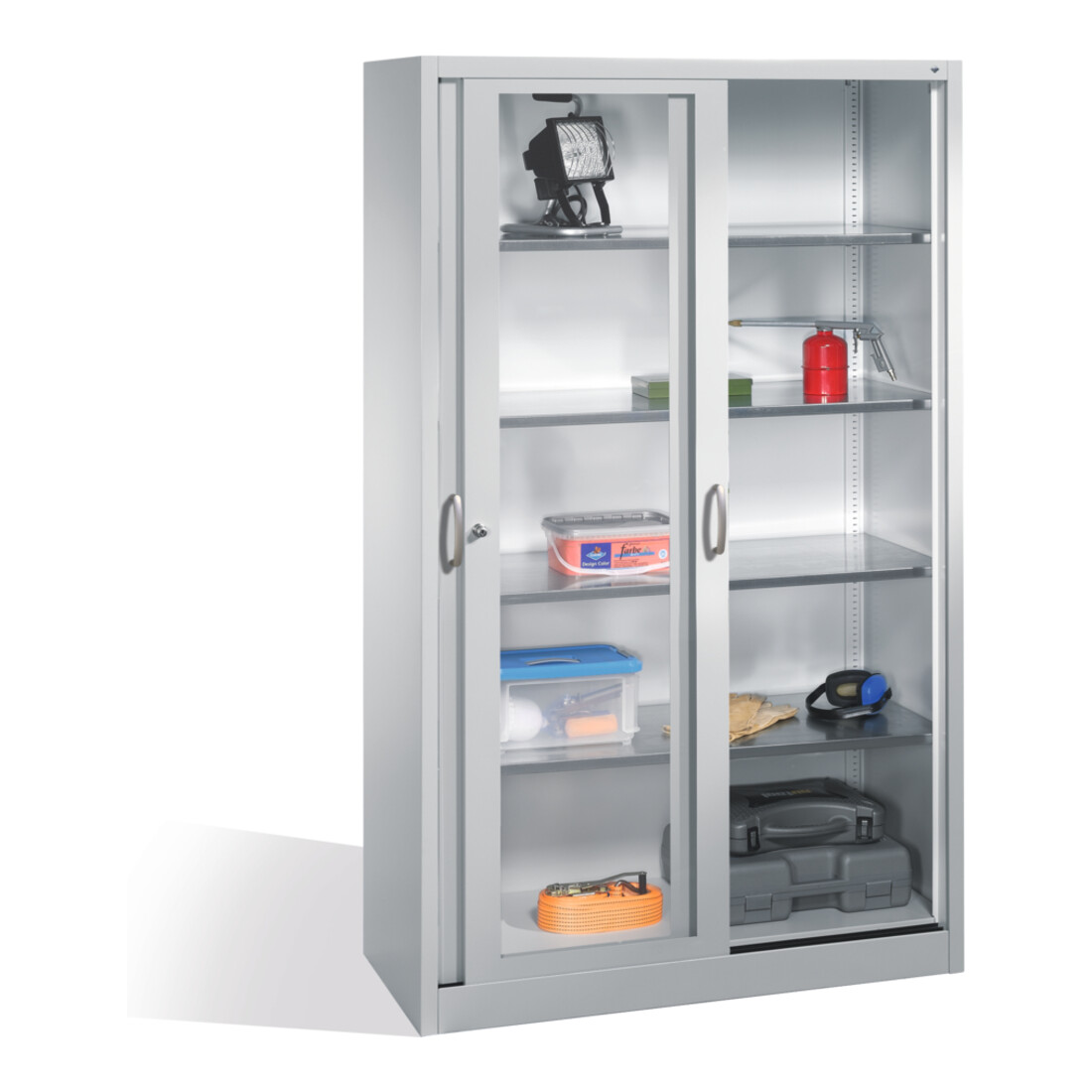 Armoire à outils C+P avec portes coulissantes fenêtres, 4 étagères, H1950xL1200xP500mm avant gris clair corps gris clair gris clair