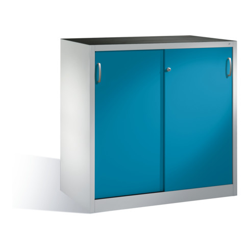 Armoire à outils C+P avec portes coulissantes à l'intérieur 2 étagères à l'avant corps bleu clair corps gris clair