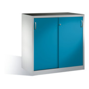 Armoire à outils C+P avec portes coulissantes à l'intérieur 2 étagères à l'avant corps bleu clair corps gris clair
