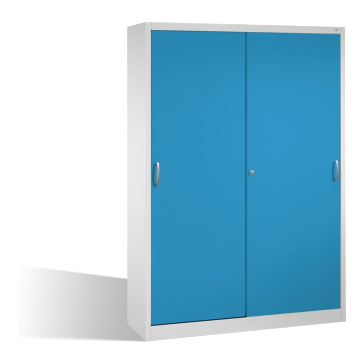 Armoire à outils C+P avec portes coulissantes, intérieur 2 x 4 étagères, H1950xL1600xP400mm corps avant bleu clair corps gris clair
