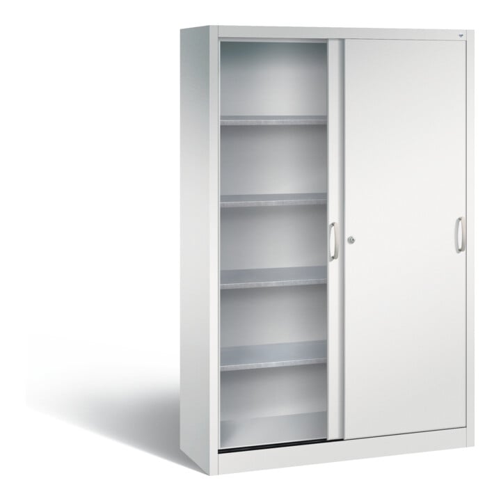 Armoire à outils C+P avec portes coulissantes, intérieur 4 étagères, H1950xL1200xP400mm à l'avant caisson gris clair gris clair gris clair