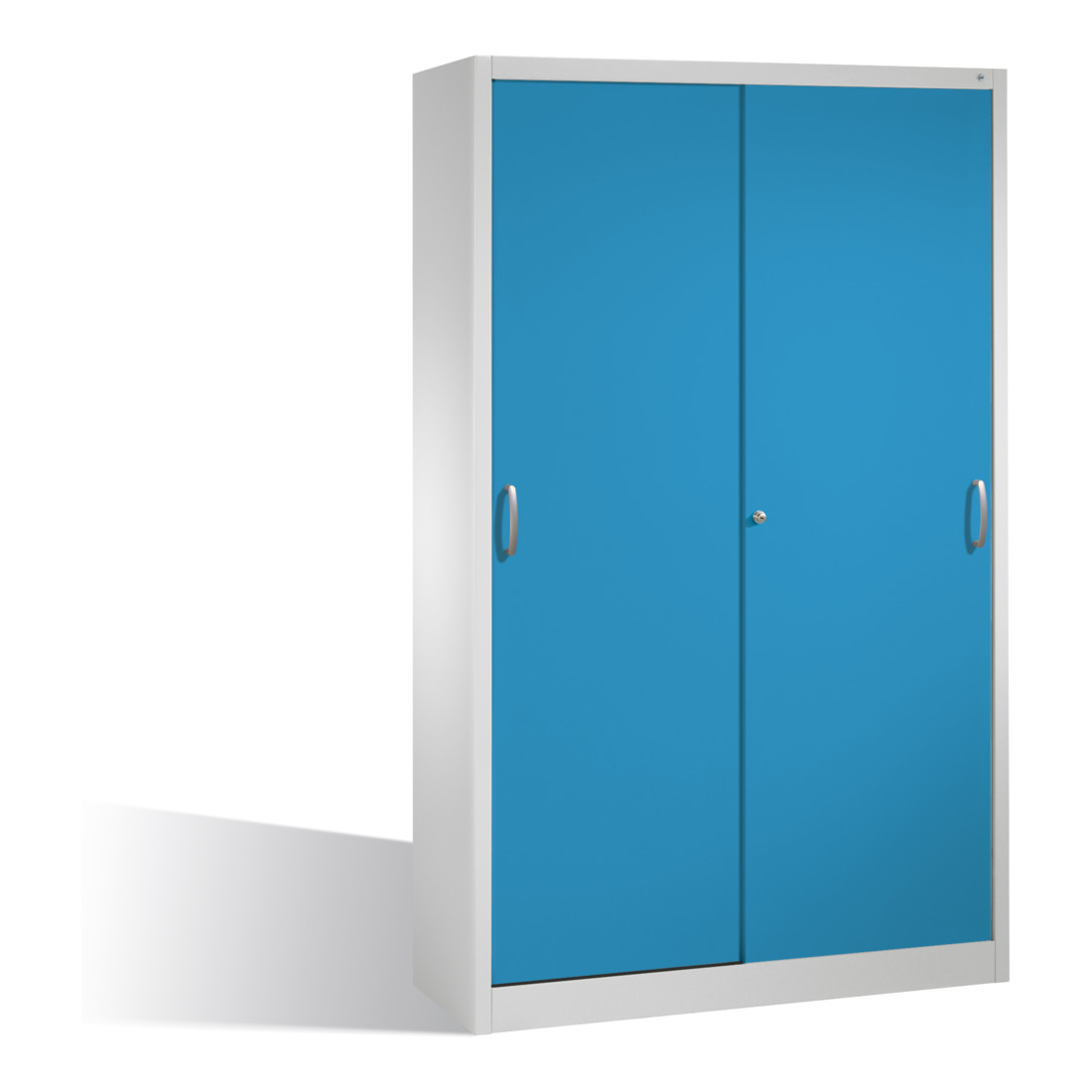 Armoire à outils C+P avec portes coulissantes à l'intérieur 4 étagères à l'avant corps bleu clair corps gris clair