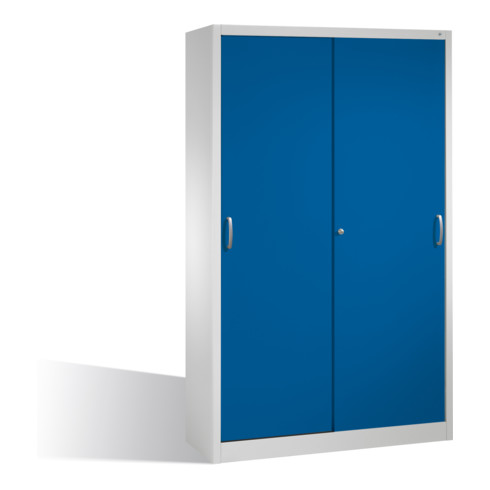 Armoire à outils C+P avec portes coulissantes à l'intérieur 4 étagères façade gentiane bleue carcasse gris clair