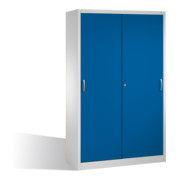 Armoire à outils C+P avec portes coulissantes à l'intérieur 4 étagères façade gentiane bleue carcasse gris clair