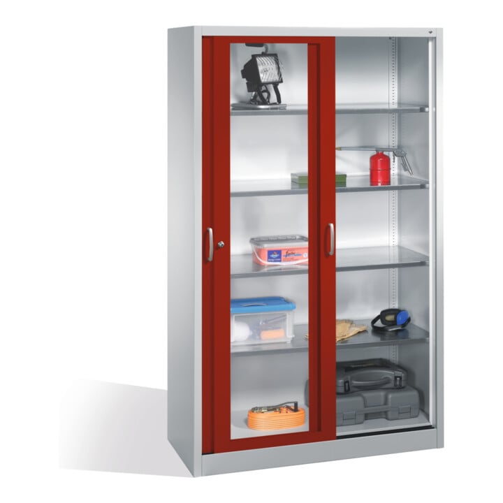 Armoire à outils C+P avec portes coulissantes vitrées, 4 étagères, H1950xL1200xP500mm façade avant rouge rubis caisson gris clair