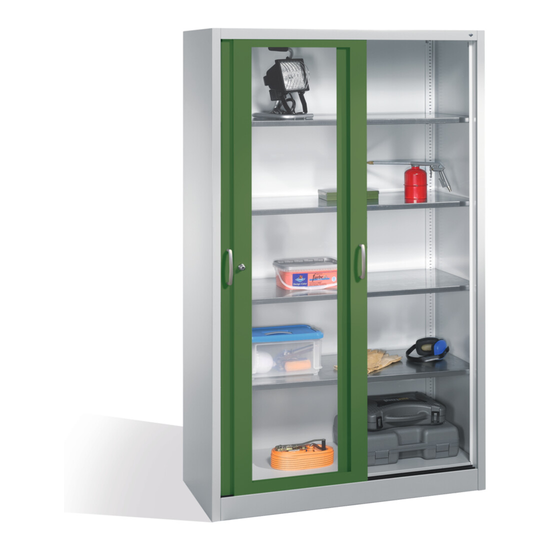 Armoire à outils C+P avec portes coulissantes vitrées, 4 étagères, H1950xL1200xP500mm façade Caisson Reseda vert clair gris clair