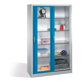 Armoire à outils C+P avec portes coulissantes vitrées, 4 étagères, H1950xL1200xP500mm face avant caisson bleu clair gris clair