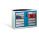 Armoire à outils C+P, portes battantes à fenêtre transparente, 2 tablettes, 3 tiroirs, H1000xL1200xP500mm Façade bleu clair Corps gris clair-1