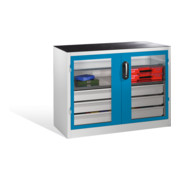 Armoire à outils C+P, portes battantes à fenêtre transparente, 2 tablettes, 3 tiroirs, H1000xL1200xP500mm Façade bleu clair Corps gris clair-1