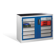 Armoire à outils C+P, portes battantes à fenêtre transparente, 2 tablettes, 3 tiroirs, H1000xL1200xP500mm Façade bleu gentiane Corps gris clair-1