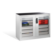 Armoire à outils C+P, portes battantes à fenêtre transparente, 2 tablettes, 3 tiroirs, H1000xL1200xP500mm Façade gris clair Corps gris clair-1