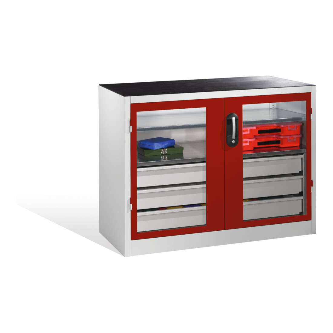 Armoire à outils C+P, portes battantes à fenêtre transparente, 2 tablettes, 3 tiroirs, H1000xL1200xP500mm Façade rouge rubis Corps gris clair