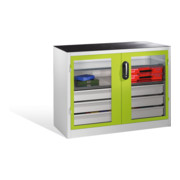 Armoire à outils C+P, portes battantes à fenêtre transparente, 2 tablettes, 3 tiroirs, H1000xL1200xP500mm Façade vert viridine Corps gris clair-1