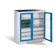 Armoire à outils C+P, portes battantes à fenêtre transparente, 2 tablettes, 3 tiroirs, H1000xL930xP500mm Façade bleu clair Corps gris clair-1