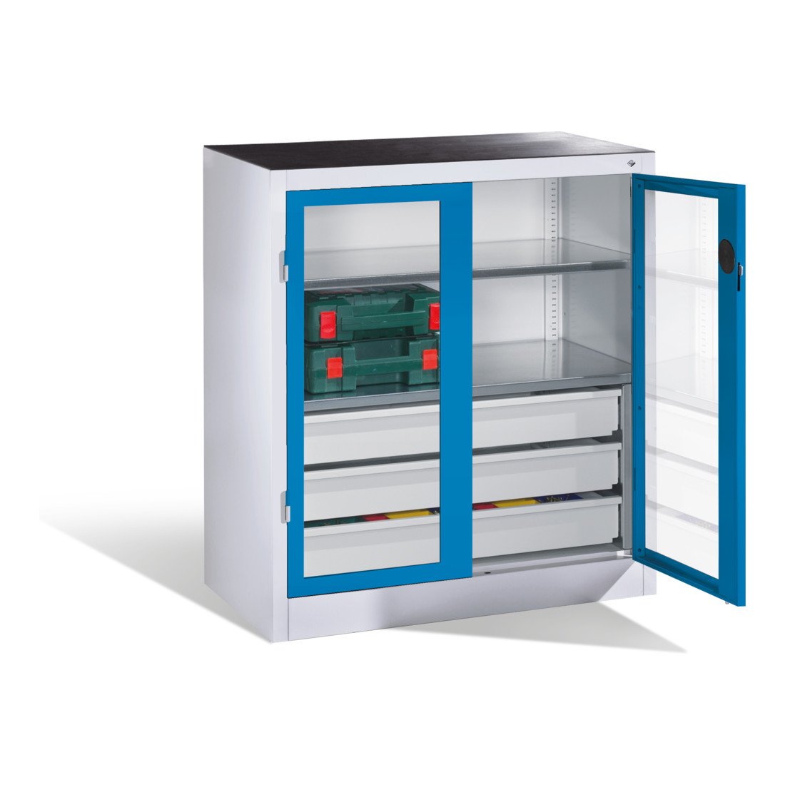 Armoire à outils C+P, portes battantes à fenêtre transparente, 2 tablettes, 3 tiroirs, H1000xL930xP500mm Façade bleu clair Corps gris clair