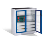 Armoire à outils C+P, portes battantes à fenêtre transparente, 2 tablettes, 3 tiroirs, H1000xL930xP500mm Façade bleu gentiane Corps gris clair-1