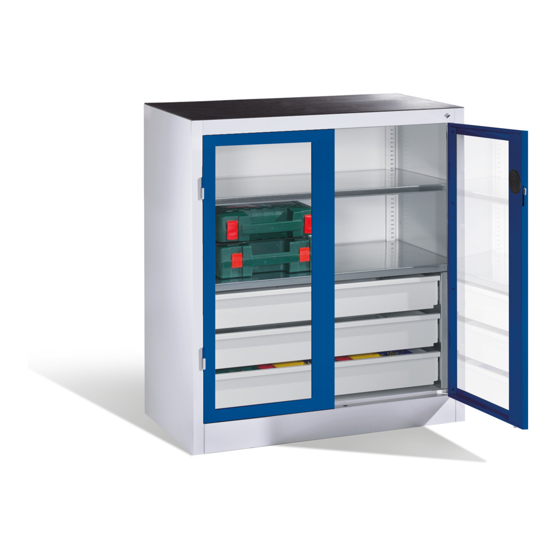 Armoire à outils C+P, portes battantes à fenêtre transparente, 2 tablettes, 3 tiroirs, H1000xL930xP500mm Façade bleu gentiane Corps gris clair