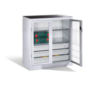 Armoire à outils C+P, portes battantes à fenêtre transparente, 2 tablettes, 3 tiroirs, H1000xL930xP500mm Façade gris clair Corps gris clair-1