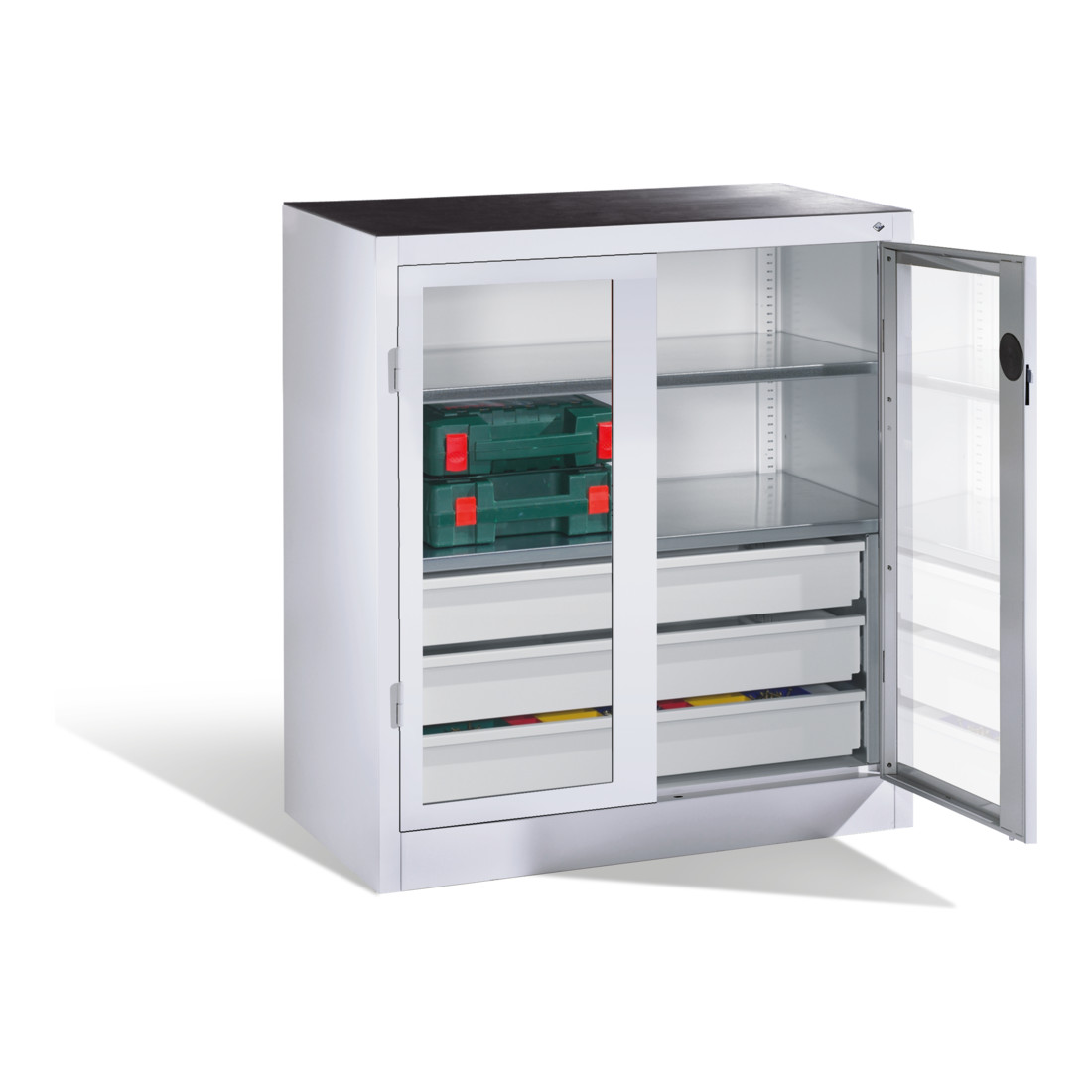 Armoire à outils C+P, portes battantes à fenêtre transparente, 2 tablettes, 3 tiroirs, H1000xL930xP500mm Façade gris clair Corps gris clair