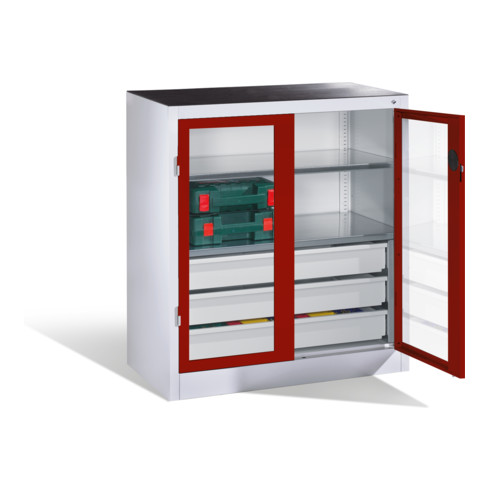 Armoire à outils C+P, portes battantes à fenêtre transparente, 2 tablettes, 3 tiroirs, H1000xL930xP500mm Façade rouge rubis Corps gris clair