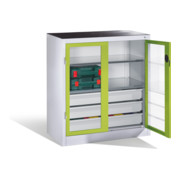 Armoire à outils C+P, portes battantes à fenêtre transparente, 2 tablettes, 3 tiroirs, H1000xL930xP500mm Façade vert viridine Corps gris clair-1