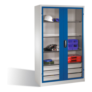 Armoire à outils C+P, portes battantes à fenêtre transparente, 3 tablettes, 3 tiroirs, H1950xL1200xP500mm Façade bleu gentiane Corps gris clair