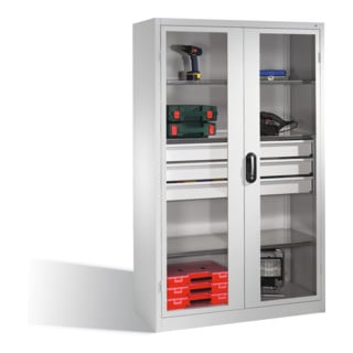 Armoire à outils C+P, portes battantes à fenêtre transparente, 3 tablettes, 3 tiroirs, H1950xL1200xP500mm Façade gris clair Corps gris clair