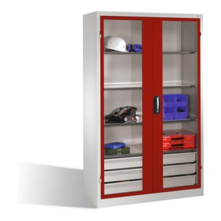 Armoire à outils C+P, portes battantes à fenêtre transparente, 3 tablettes, 3 tiroirs, H1950xL1200xP500mm Façade rouge rubis Corps gris clair