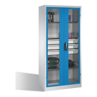 Armoire à outils C+P, portes battantes à fenêtre transparente, 3 tablettes, 3 tiroirs, H1950xL930xP500mm Façade bleu clair Corps gris clair
