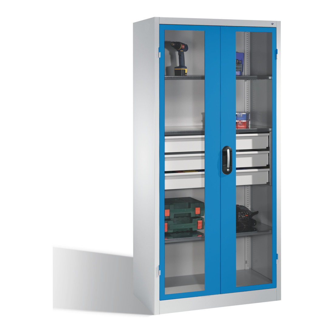 Armoire à outils C+P, portes battantes à fenêtre transparente, 3 tablettes, 3 tiroirs, H1950xL930xP500mm Façade bleu clair Corps gris clair