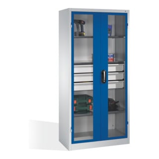 Armoire à outils C+P, portes battantes à fenêtre transparente, 3 tablettes, 3 tiroirs, H1950xL930xP500mm Façade bleu gentiane Corps gris clair