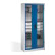 Armoire à outils C+P, portes battantes à fenêtre transparente, 3 tablettes, 3 tiroirs, H1950xL930xP500mm Façade bleu gentiane Corps gris clair-1