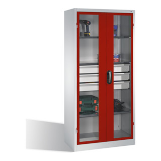 Armoire à outils C+P, portes battantes à fenêtre transparente, 3 tablettes, 3 tiroirs, H1950xL930xP500mm Façade rouge rubis Corps gris clair